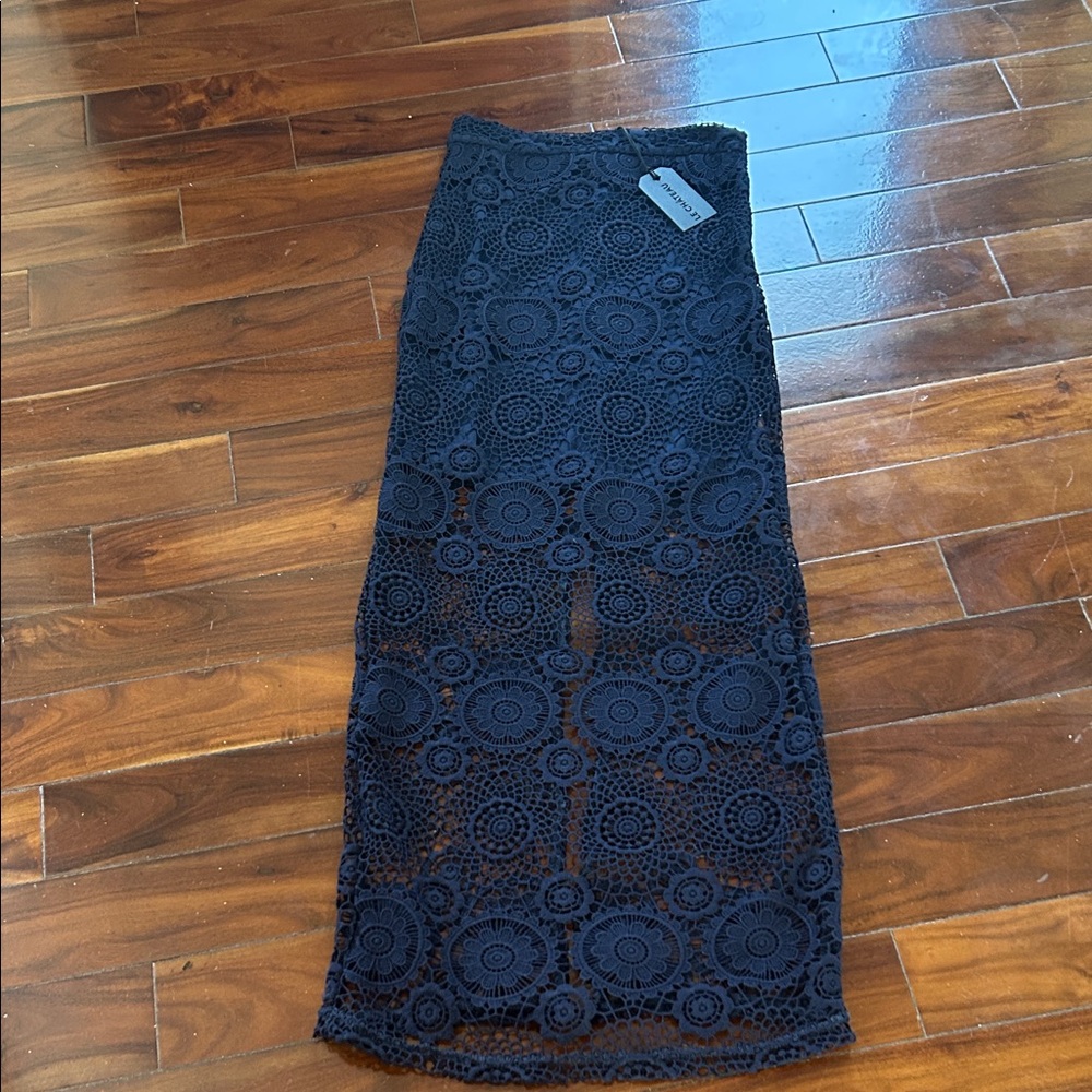 Le Chateau Navy Bluev Crochet Maxi Skirt